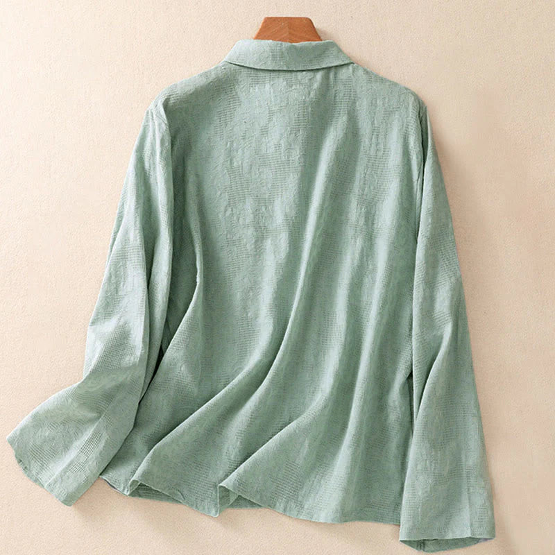 Buddha Stones Fall Embroidery Asymmetrical Design Frog-Button Women's Cotton Long Sleeve Shirt