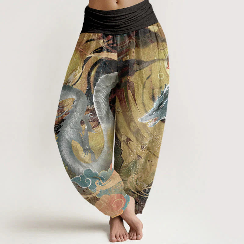Buddha Stones Pure Cotton Dragon Auspicious Clouds Pattern Women's Elastic Waist Harem Pants