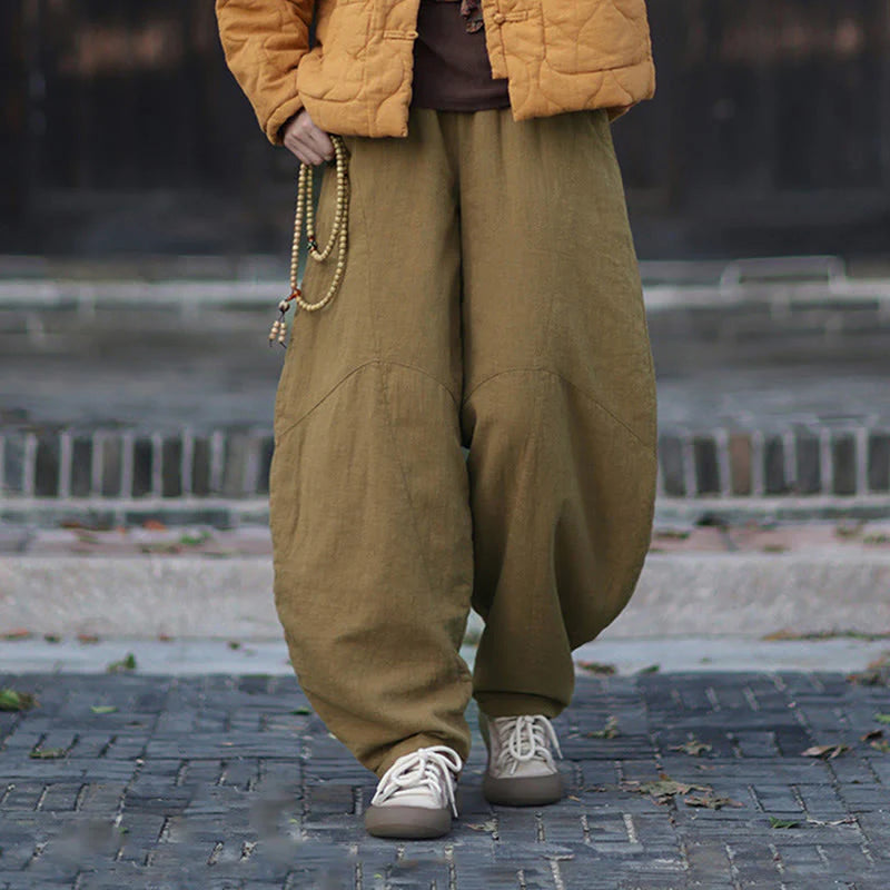 Buddha Stones Winter Elastic Waist Ramie Cotton Thermal Women's Pants With Pockets
