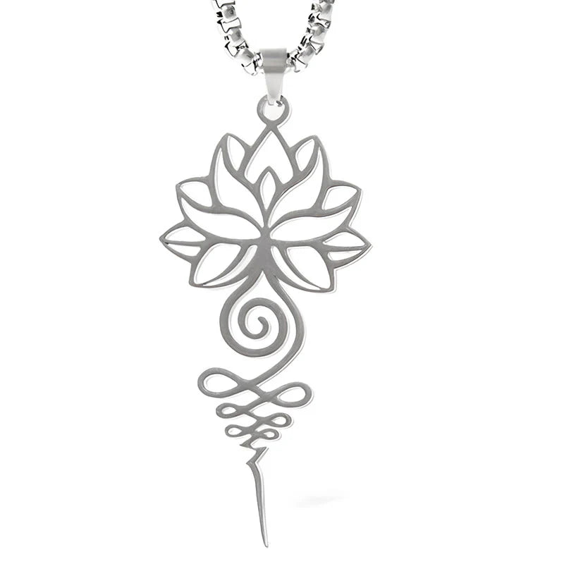 Buddha Stones Lotus Unalome Chakra Symbol Design Stainless Steel Enlightenment Necklace Pendant