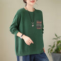 Buddha Stones Fall Floral Decorative Pocket Pattern Knitted Cotton Women's Long Sleeve Sweater