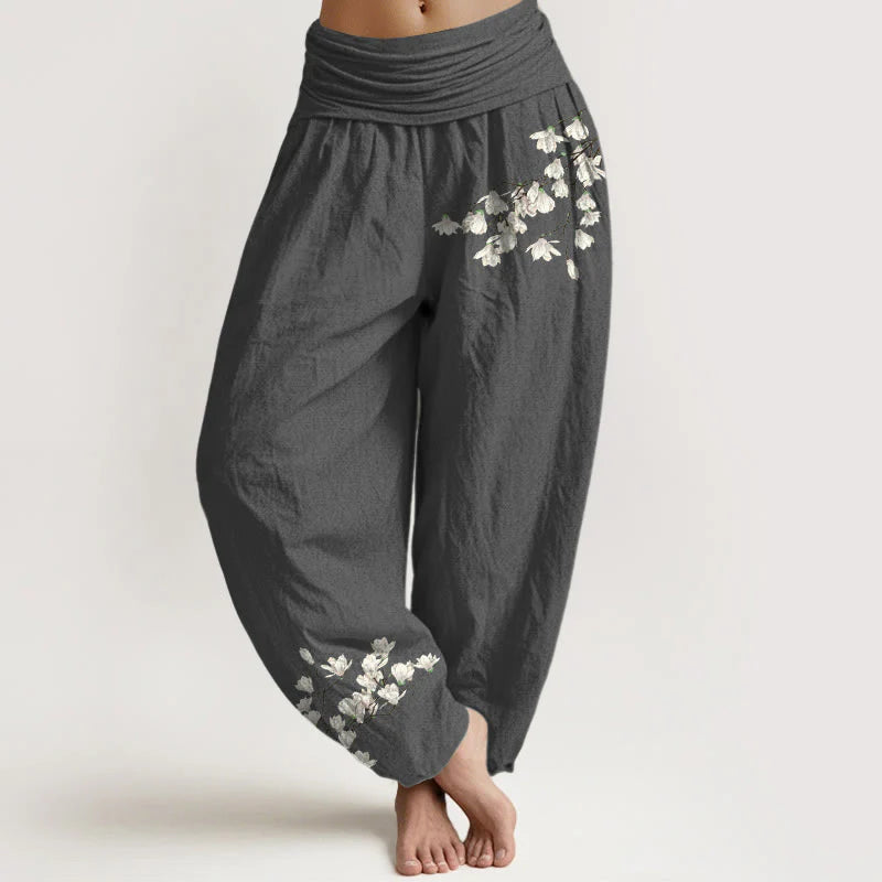 Buddha Stones Pure Cotton Simple Magnolia Flower Pattern Women's Elastic Waist Harem Pants