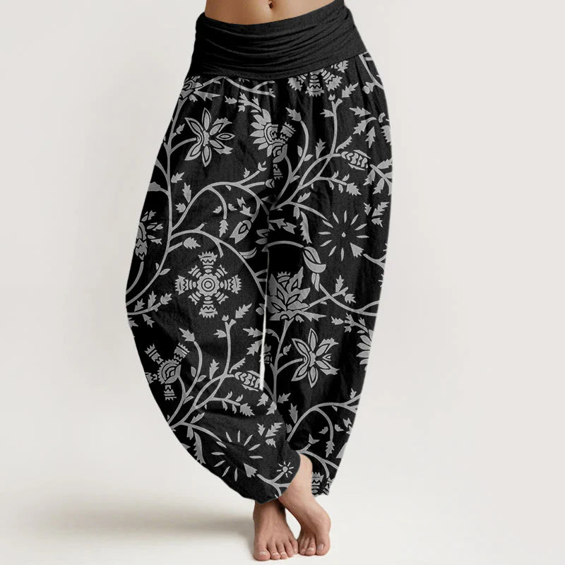 Buddha Stones Cotton Casual Floral Branches Flowing Vines Pattern Women's Elastic Waist Harem Pants
