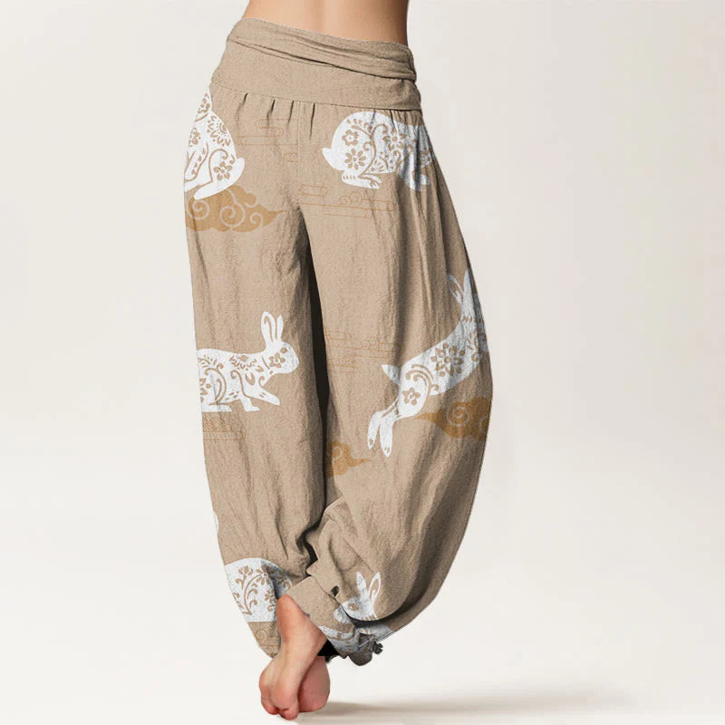 Buddha Stones Cotton White Rabbit Auspicious Cloud Pattern Women's Elastic Waist Harem Pants
