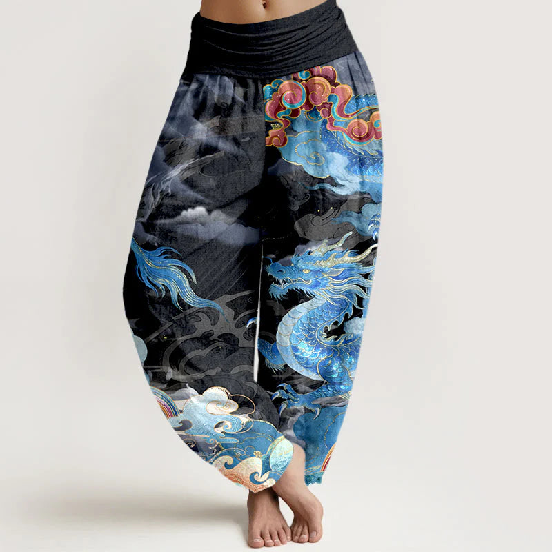 Buddha Stones Pure Cotton Gorgeous Dragon Cloud Rainbow Pattern Women's Elastic Waist Harem Pants