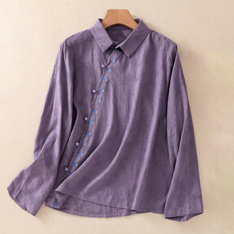 Buddha Stones Fall Embroidery Asymmetrical Design Frog-Button Women's Cotton Long Sleeve Shirt
