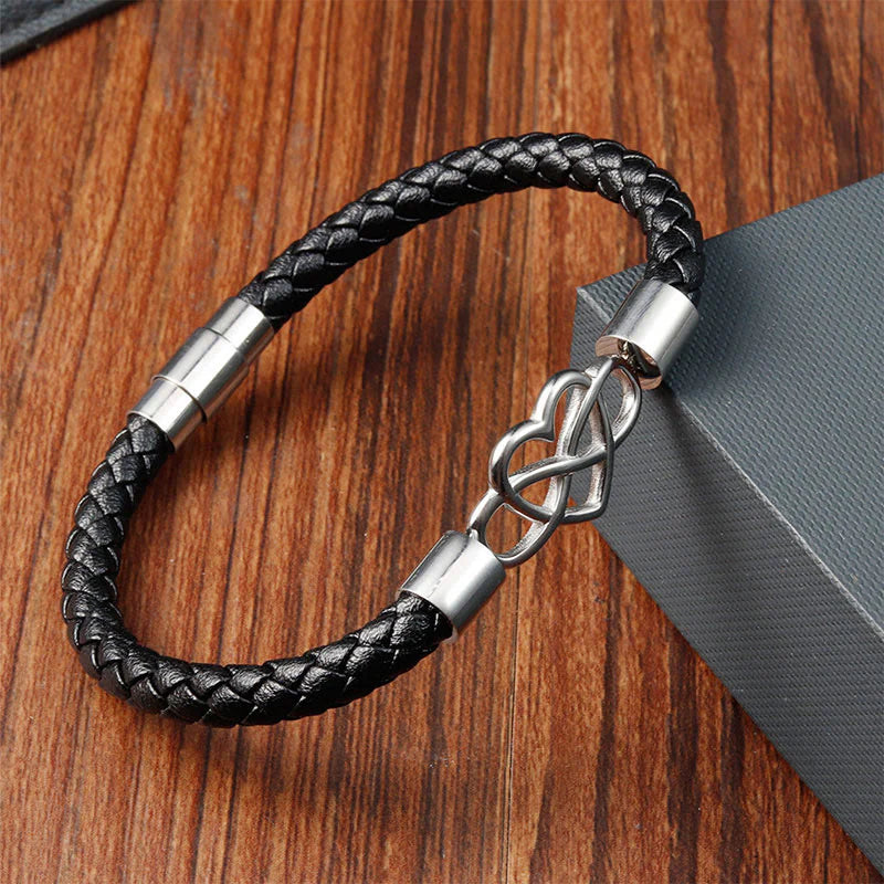 Buddha Stones Endless Knot Heart Leather Titanium Steel Strength Buckle Bracelet