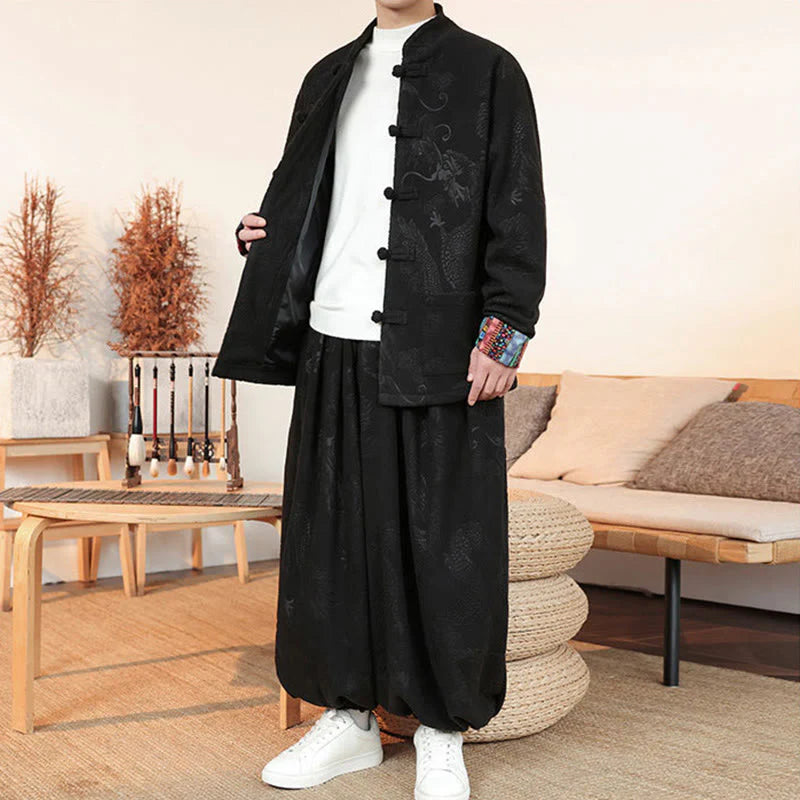 Buddha Stones 2Pcs Fall Winter Men's Tang Suit Dragon Frog-Button Cotton Long Sleeve Jacket Pants Set