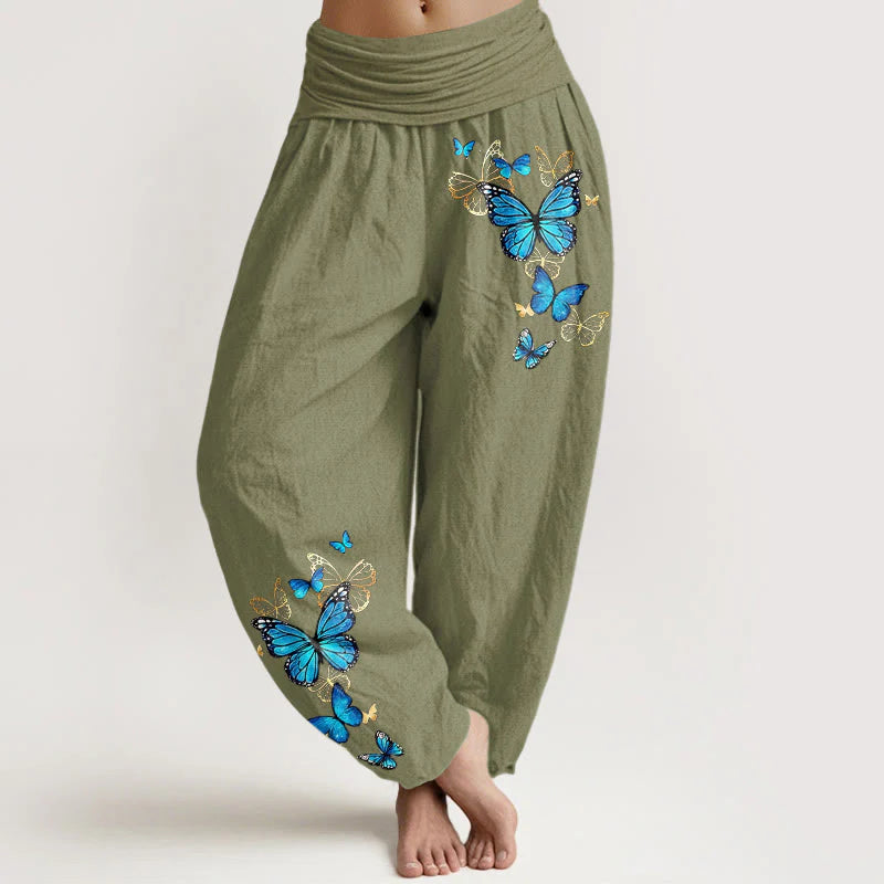 Buddha Stones Cotton Butterfly Pattern Women's Elastic Waist Harem Pants