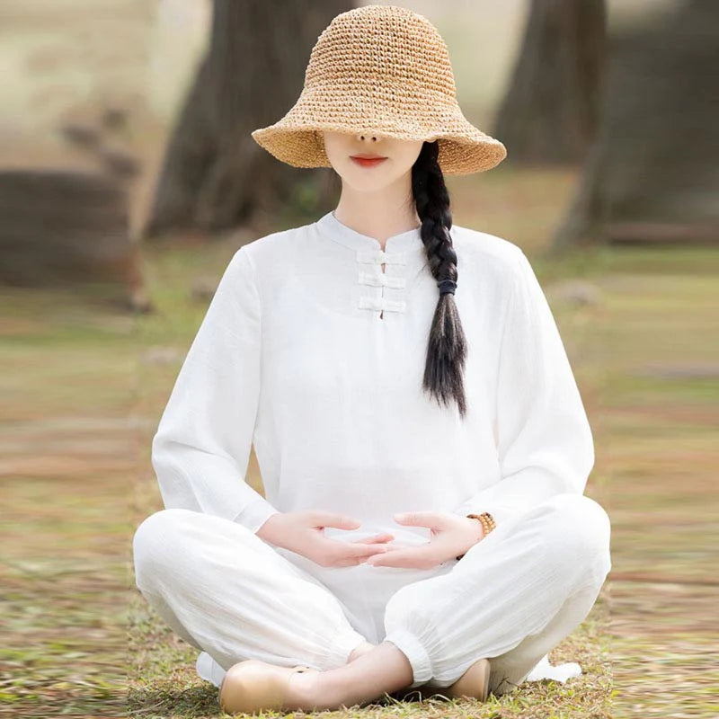 Buddha Stones 2Pcs Plain Design Top Pants Meditation Yoga Zen Tai Chi Cotton Linen Clothing Women's Set (Extra 30% Off | USE CODE: FS30)