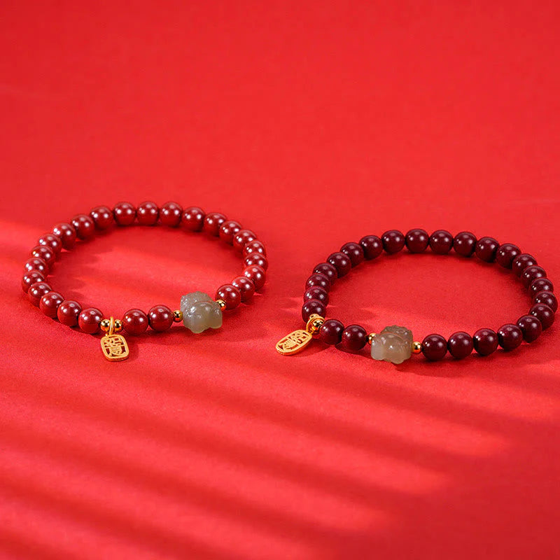 Buddha Stones 925 Sterling Silver Year of the Dragon Natural Cinnabar Hetian Jade Dragon Fu Character Ruyi As One Wishes Charm Blessing Bracelet (Extra 30% Off | USE CODE: FS30)