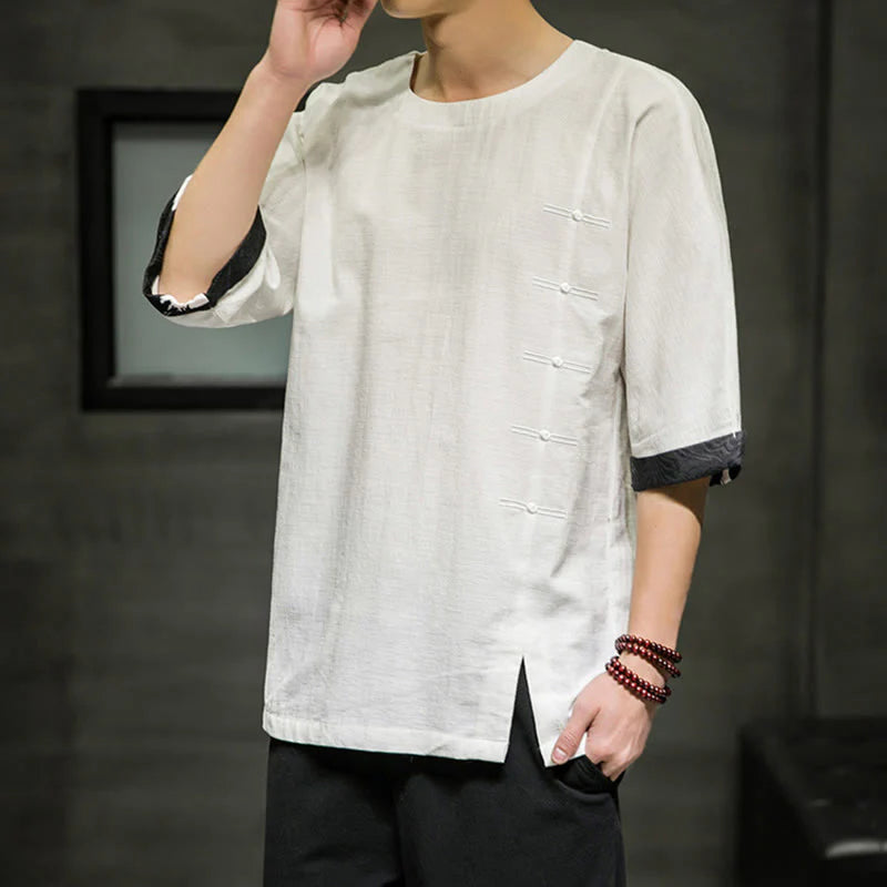 Buddha Stones Summer Retro Solid Color Patchwork Design Men's Three Quarter Sleeve Cotton Linen T-Shirt