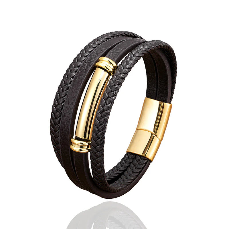 Buddha Stones Multi-layered Simple Design Leather Titanium Steel Balance Bracelet