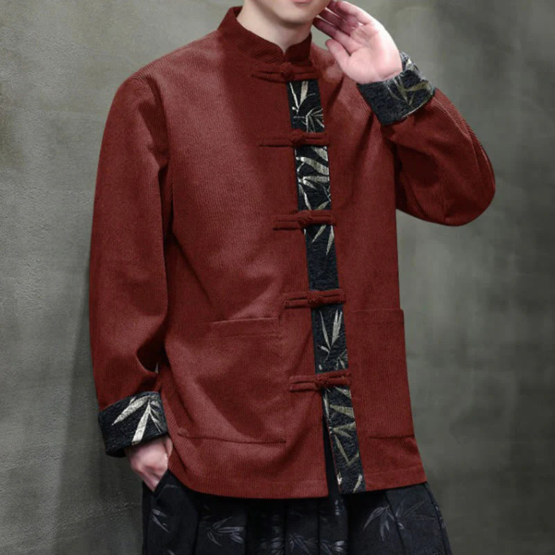 Buddha Stones Fall Bamboo Frog-Button Long Sleeve Men's Corduroy Cotton Jacket With Pockets