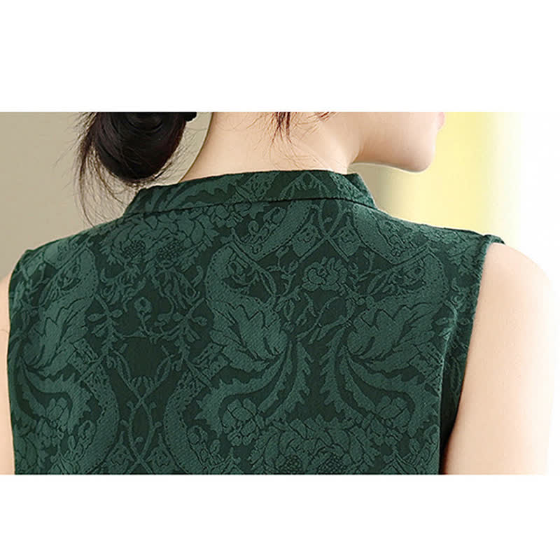 Buddha Stones Mandarin Collar Frog-button Jacquard Pattern Sleeveless Cotton Mini Dress With Pockets