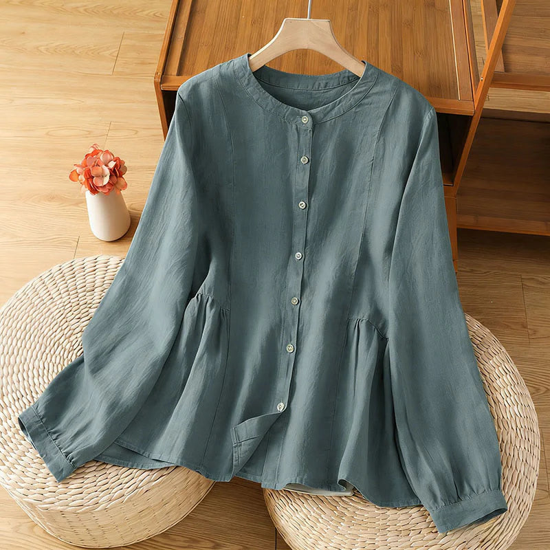 Buddha Stones Fall Commute Patchwork Plain Design Long Sleeve Women's Cotton Buttons Shirt