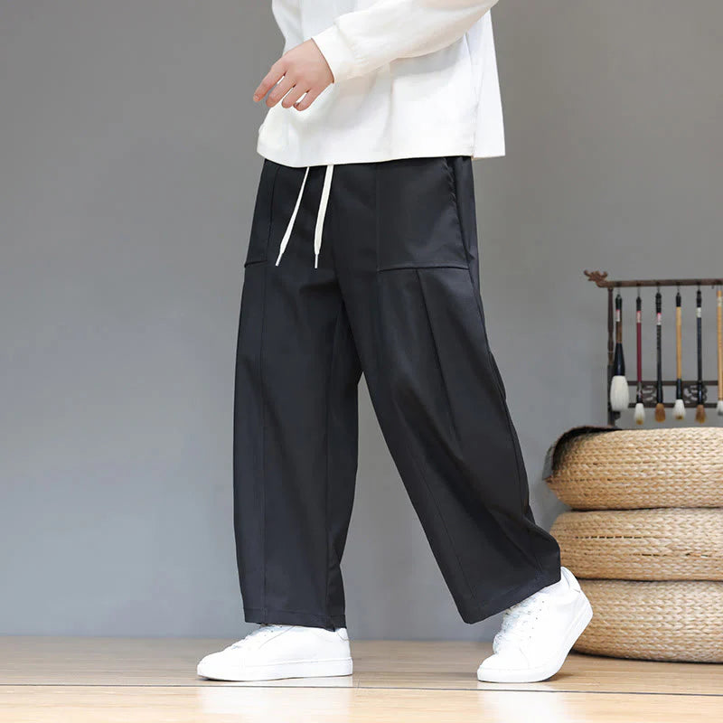 Buddha Stones Fall Pure Color Cotton Men's Cropped Harem Pants With Pockets