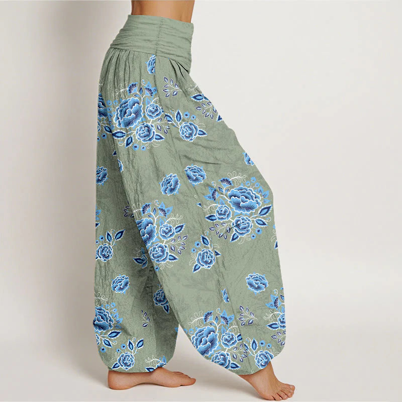 Buddha Stones Pure Cotton Blue Flower Pattern Women's Elastic Waist Harem Pants