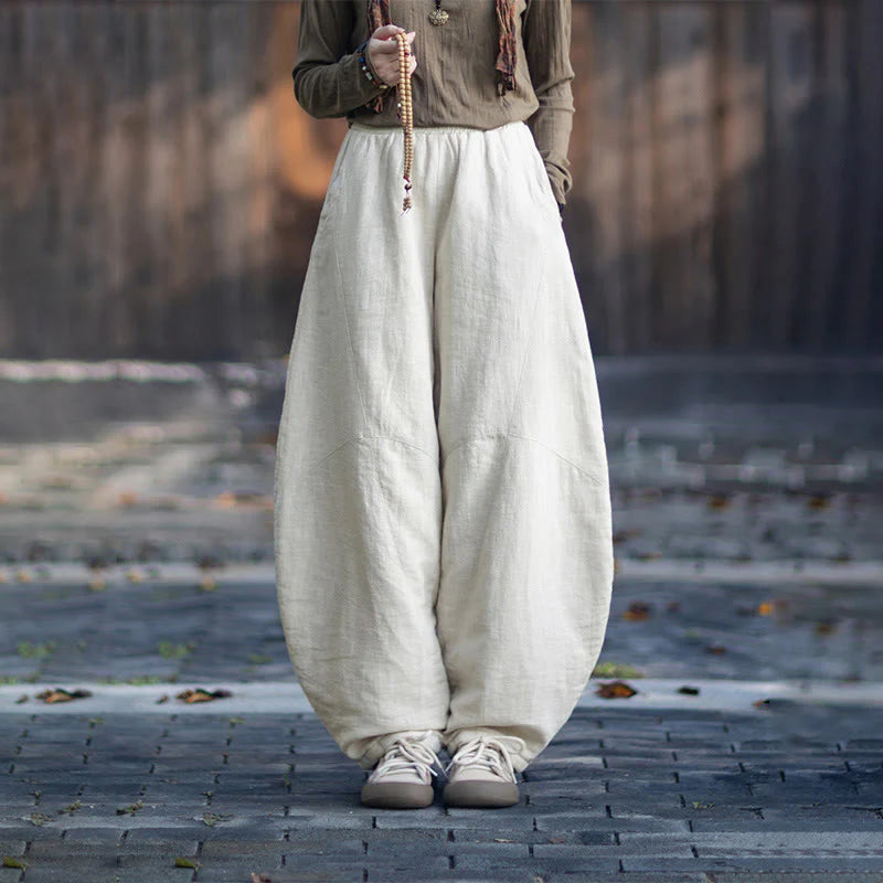 Buddha Stones Winter Elastic Waist Ramie Cotton Thermal Women's Pants With Pockets