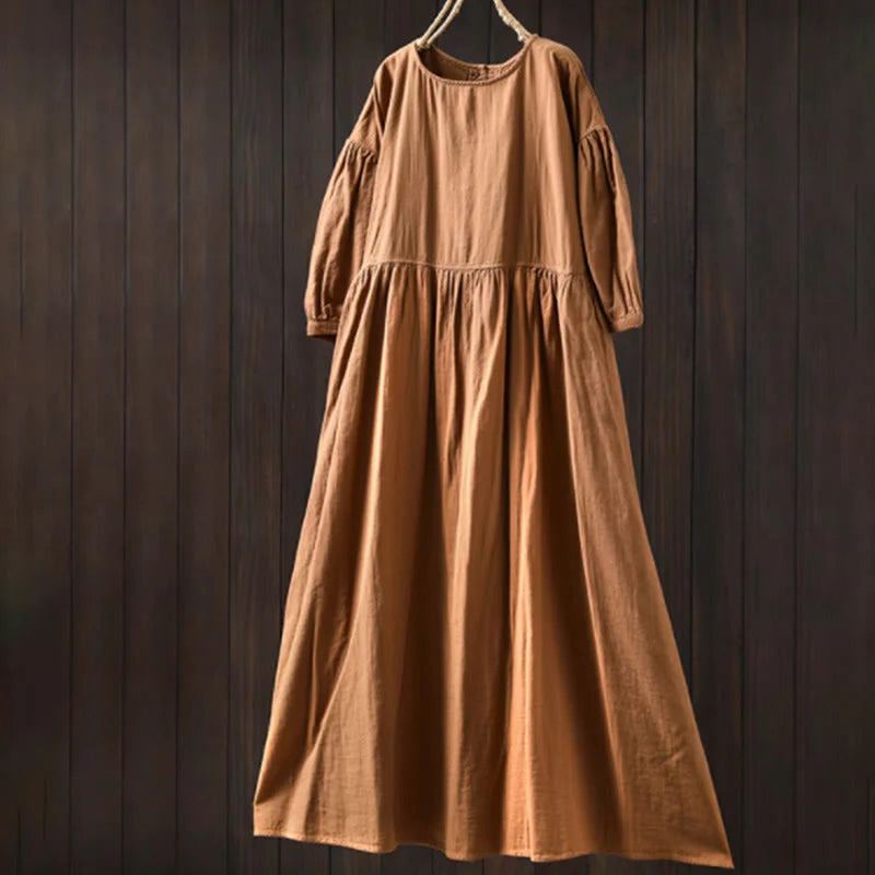Buddha Stones Summer Solid Color Crew Neck Half Sleeve Cotton Midi Dress With Pockets
