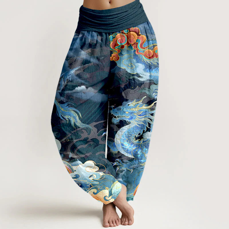 Buddha Stones Pure Cotton Gorgeous Dragon Cloud Rainbow Pattern Women's Elastic Waist Harem Pants