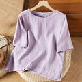 Buddha Stones Simple Plain Short Sleeve Crew Neck Side Slit Cotton Women's T-Shirt