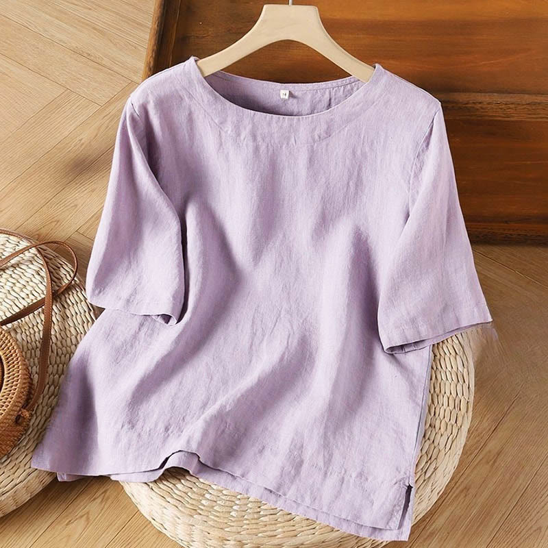 Buddha Stones Simple Plain Short Sleeve Crew Neck Side Slit Cotton Women's T-Shirt