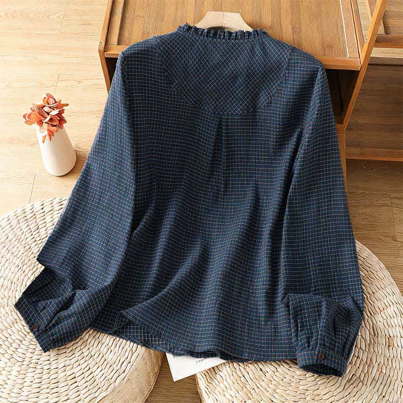 Buddha Stones Fall Blue Plaid V-Neck Buttons Design Women's Cotton Long Sleeve Shirt