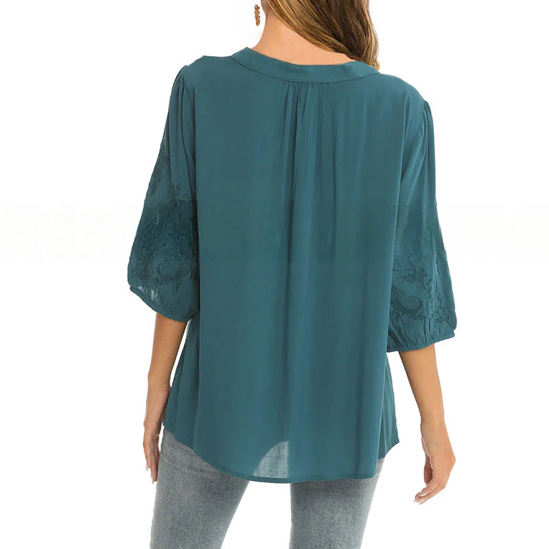 Buddha Stones Casual Solid Color Embroidery Flower Three Quarter Sleeve V-Neck Women's T-Shirt
