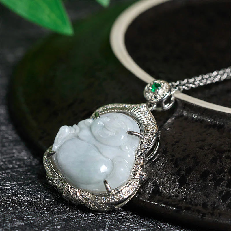 Buddha Stones Jade Laughing Buddha Abundance Necklace Pendant