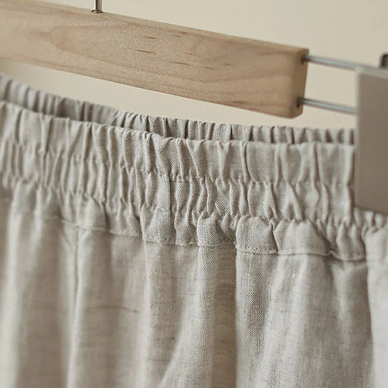 Buddha Stones Commute Retro Plain Lace Patchwork Design 7-8 Length Women's Wide Leg Cotton Pants With Pockets