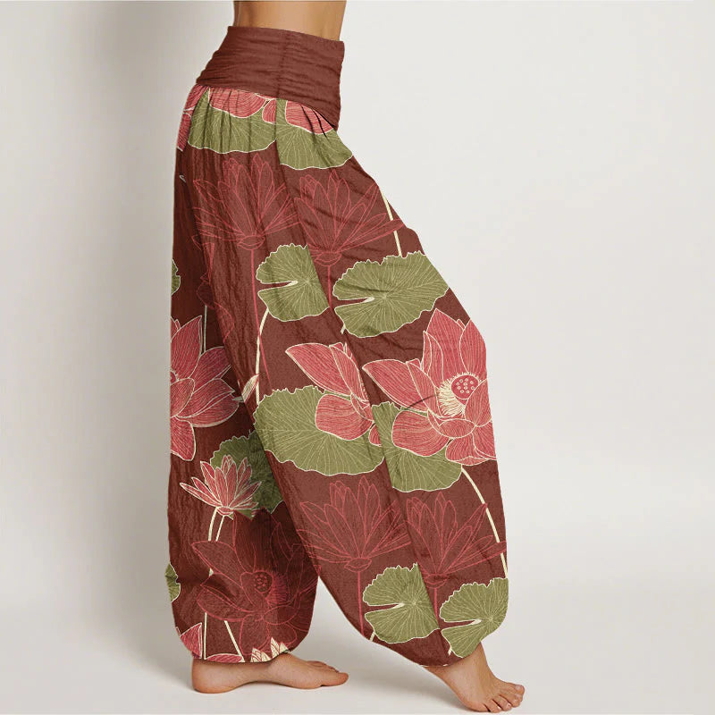 Buddha Stones Pure Cotton Retro Lotus Flowers Leaves Pattern Women's Elastic Waist Harem Pants
