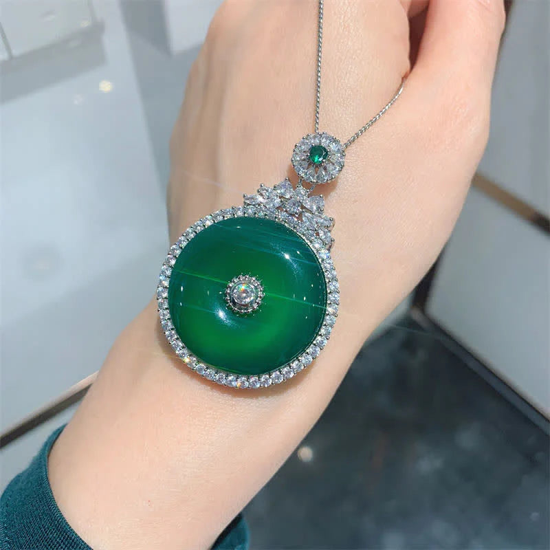 Buddha Stones Green Chalcedony Round Peace Buckle Strength Necklace Pendant