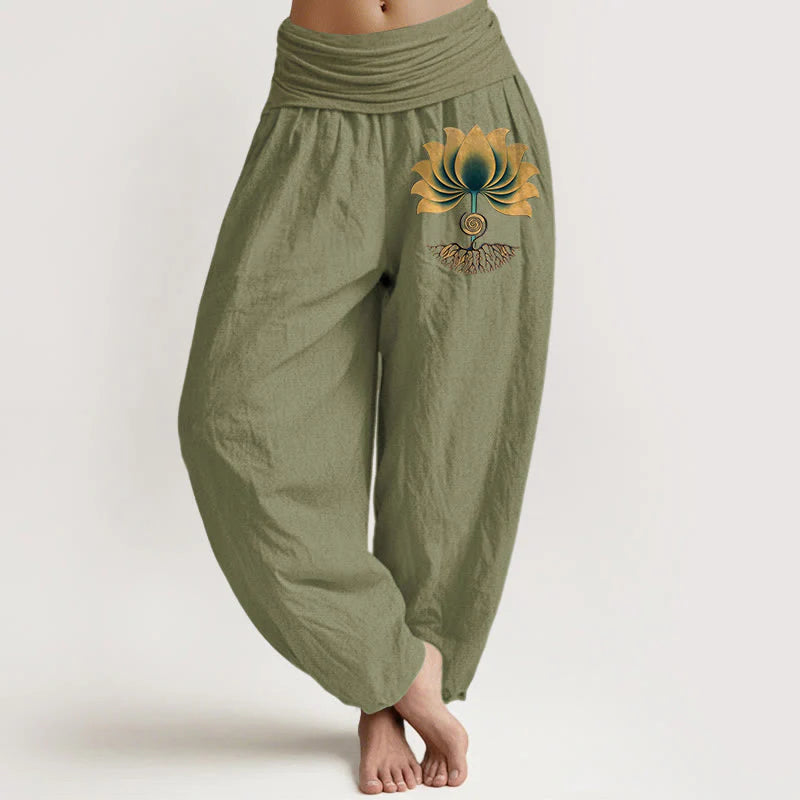 Buddha Stones Pure Cotton Harmonious Color Scheme Lotus Pattern Women's Elastic Waist Harem Pants