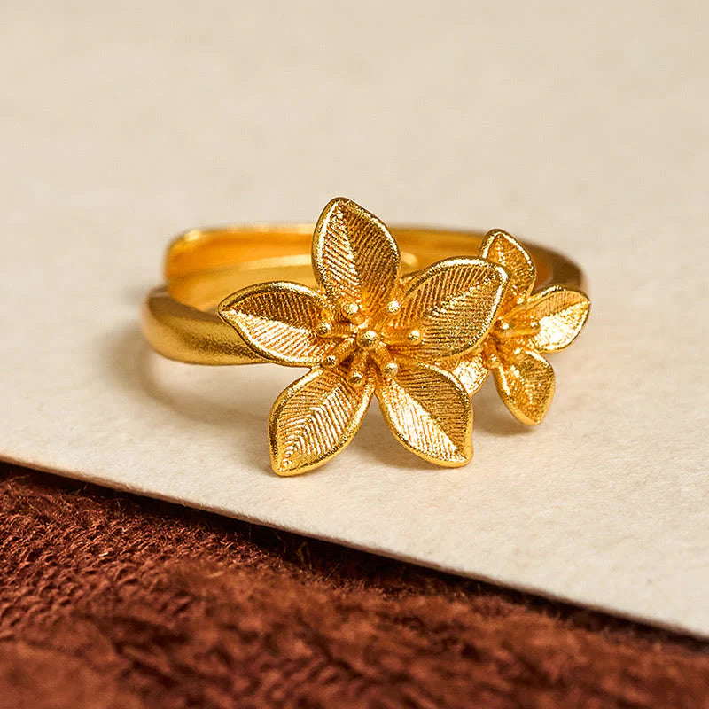 Buddha Stones Lilac Flower Adjustable 24k Gold Plated Copper Brass Ring