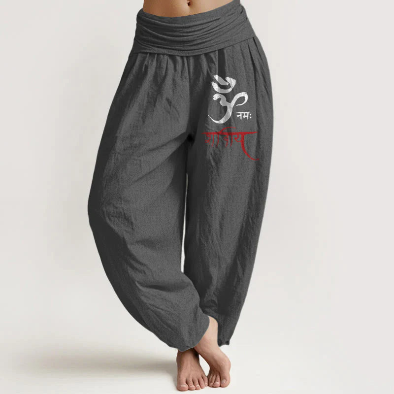 Buddha Stones Om Spells Pattern Women's Elastic Waist Harem Cotton Pants