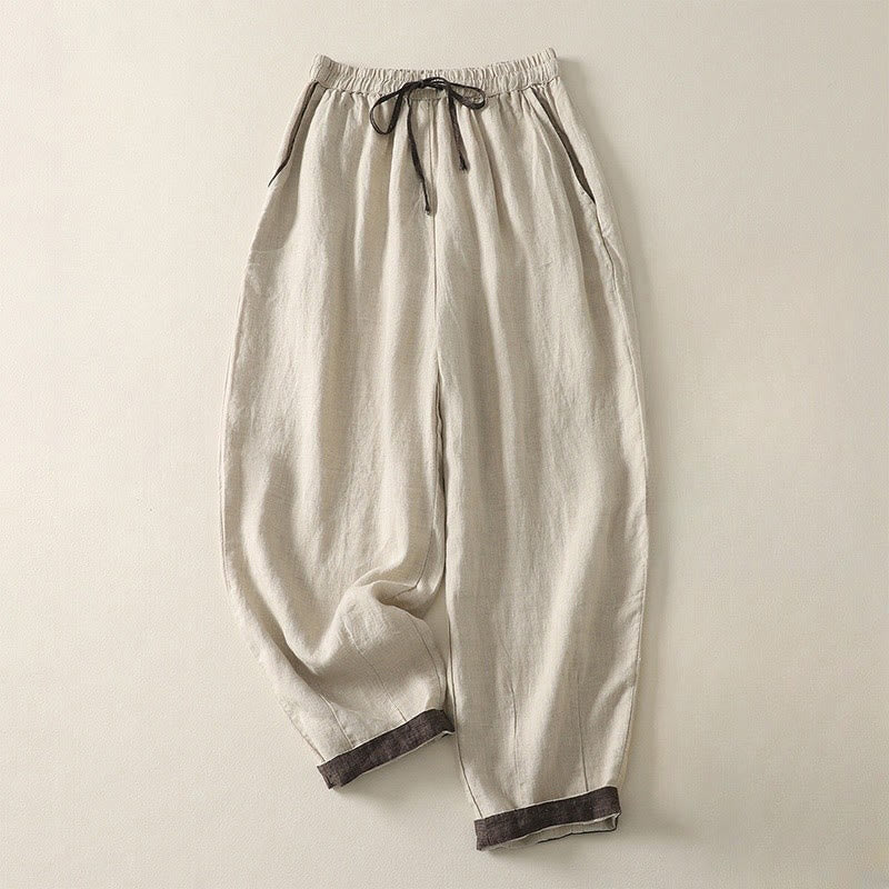 Buddha Stones Summer Casual Pure Color Drawstring 9 Length Cotton Linen Women's Harem Pants With Pockets