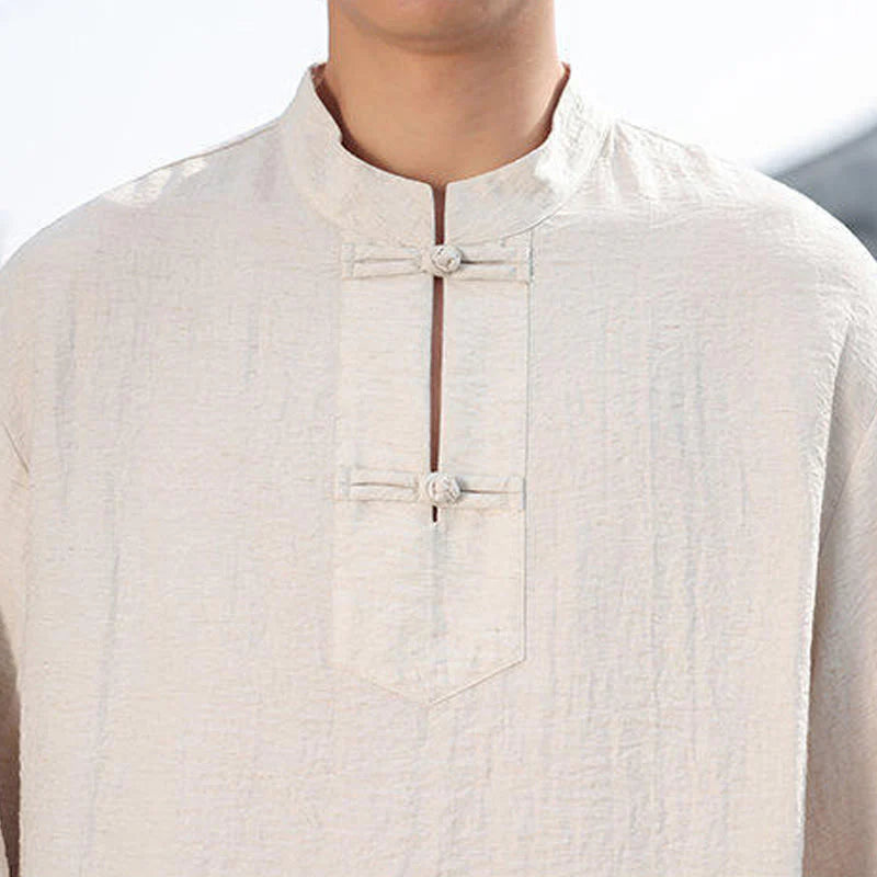Buddha Stones Two Frog-Button Stand Collar Long Sleeve Men's Cotton Shirt