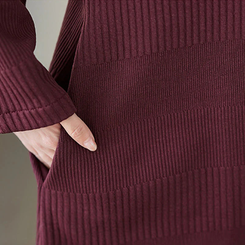 Buddha Stones Winter Irregular Hem Design Mock Neck Long Sleeve Midi Dress With Pockets