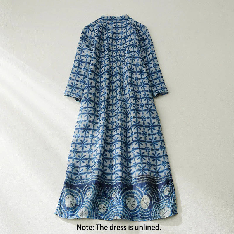 Buddha Stones Summer Blue Floral Stripes Circular Shape Stand Collar Design Short Sleeve Midi Dress With Pockets