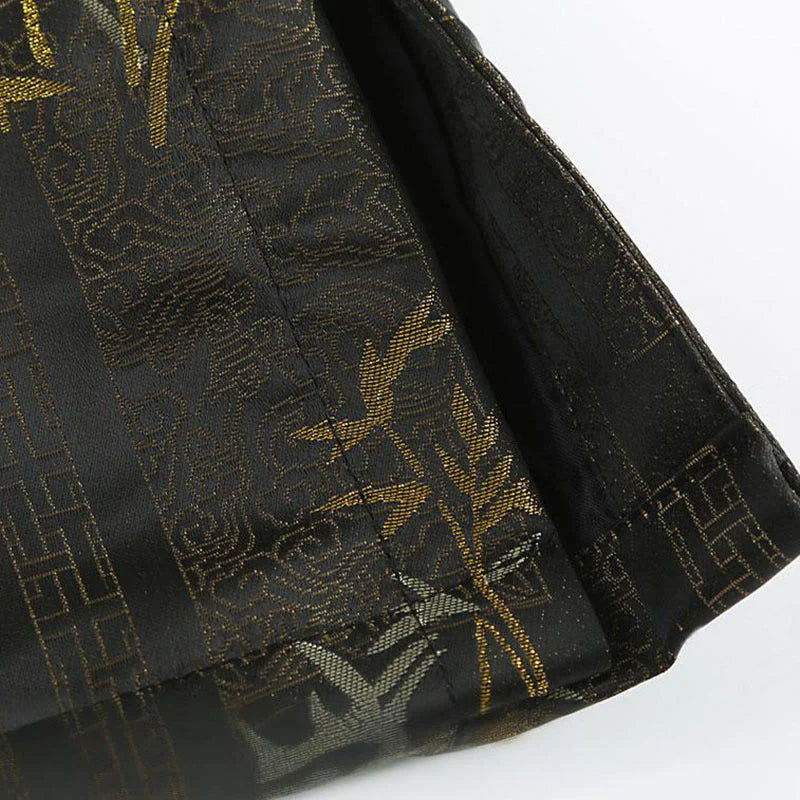 Buddha Stones Golden Bamboo Jacquard Frog-Button Long Sleeve Men's Jacket With Pockets