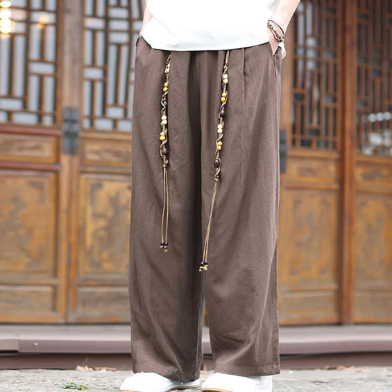 Buddha Stones Summer Ethnic Beaded Tassel Cotton Men's Long Straight Leg Pants