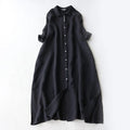 Buddha Stones Fall Solid Buttons Down Lapel Design Three Quarter Sleeve Women's Midi Dress With Pockets