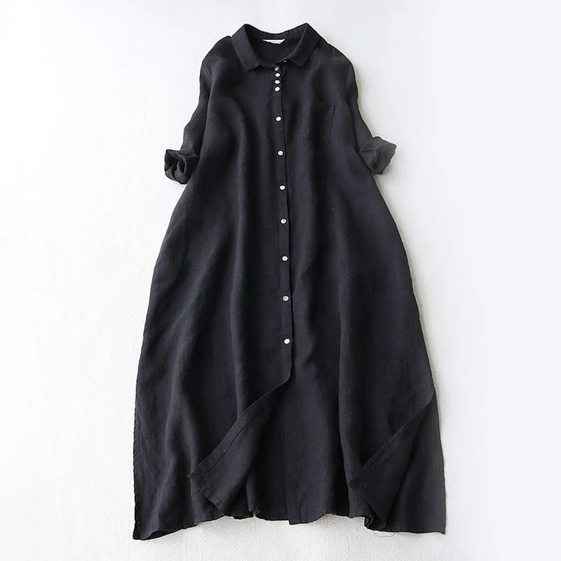 Buddha Stones Fall Solid Buttons Down Lapel Design Three Quarter Sleeve Women's Midi Dress With Pockets