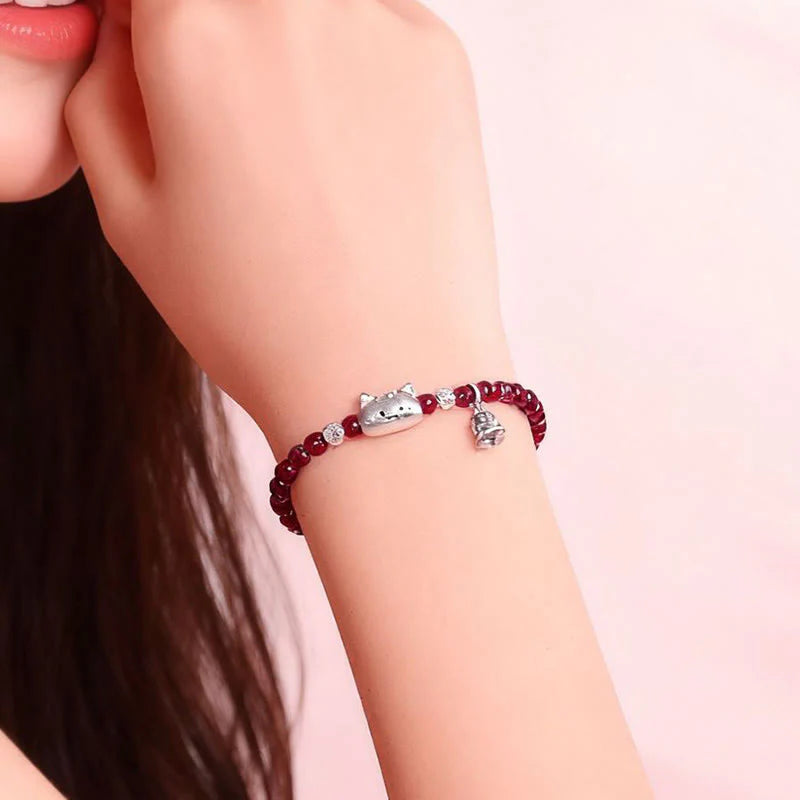 Buddha Stones 999 Sterling Silver Natural Cute Cat Head Garnet Protection Bead Bracelet