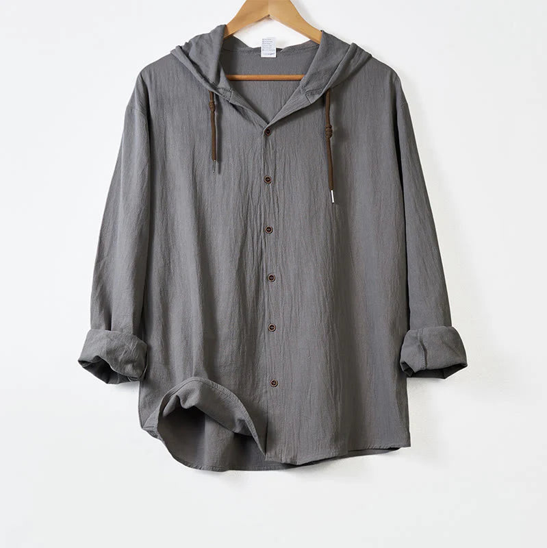 Buddha Stones Solid Color Long Sleeve Hooded Drawstring Buttons Cotton Men's Shirt