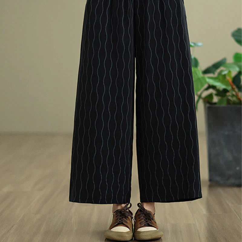 Buddha Stones 2pcs Striped Pattern Short Sleeve Shirt Polyester 7 Length Harem Pants Set With Pocket