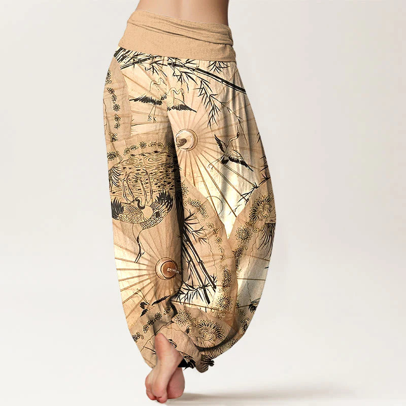 Buddha Stones Pure Cotton Umbrella Crane Bamboo Pattern Women's Elastic Waist Harem Pants