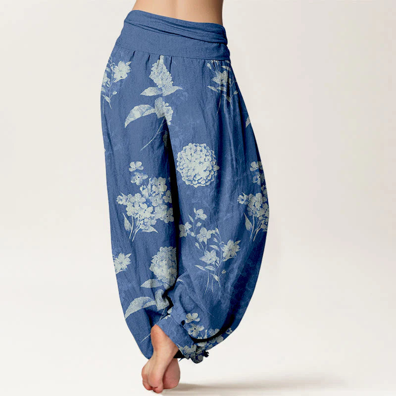 Buddha Stones Cotton Refresh Hydrangea Clustered Flowers Pattern Women's Elastic Waist Harem Pants