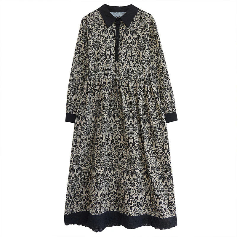 Buddha Stones Ethnic Printed Drawstring Long Sleeve Cotton Midi Dress With Pockets